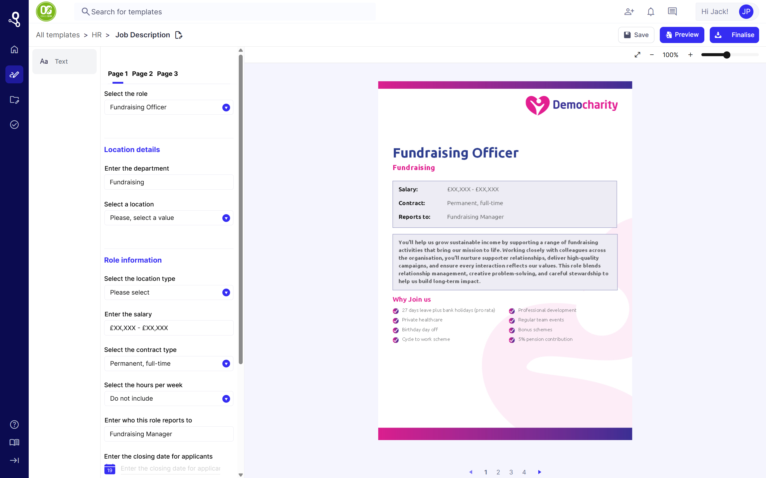 Content Central template editor showing a Job Description template for a Fundraising Officer, with dropdown-driven form fields on the left auto-populating a branded, on-brand document preview on the right