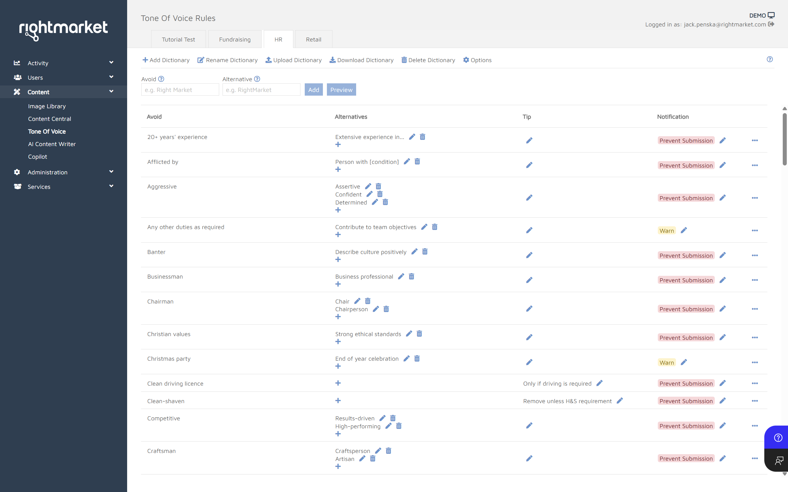 RightMarket platform showing the Tone of Voice Rules admin screen with dictionaries, avoid/alternative word rules, tips, and submission notifications