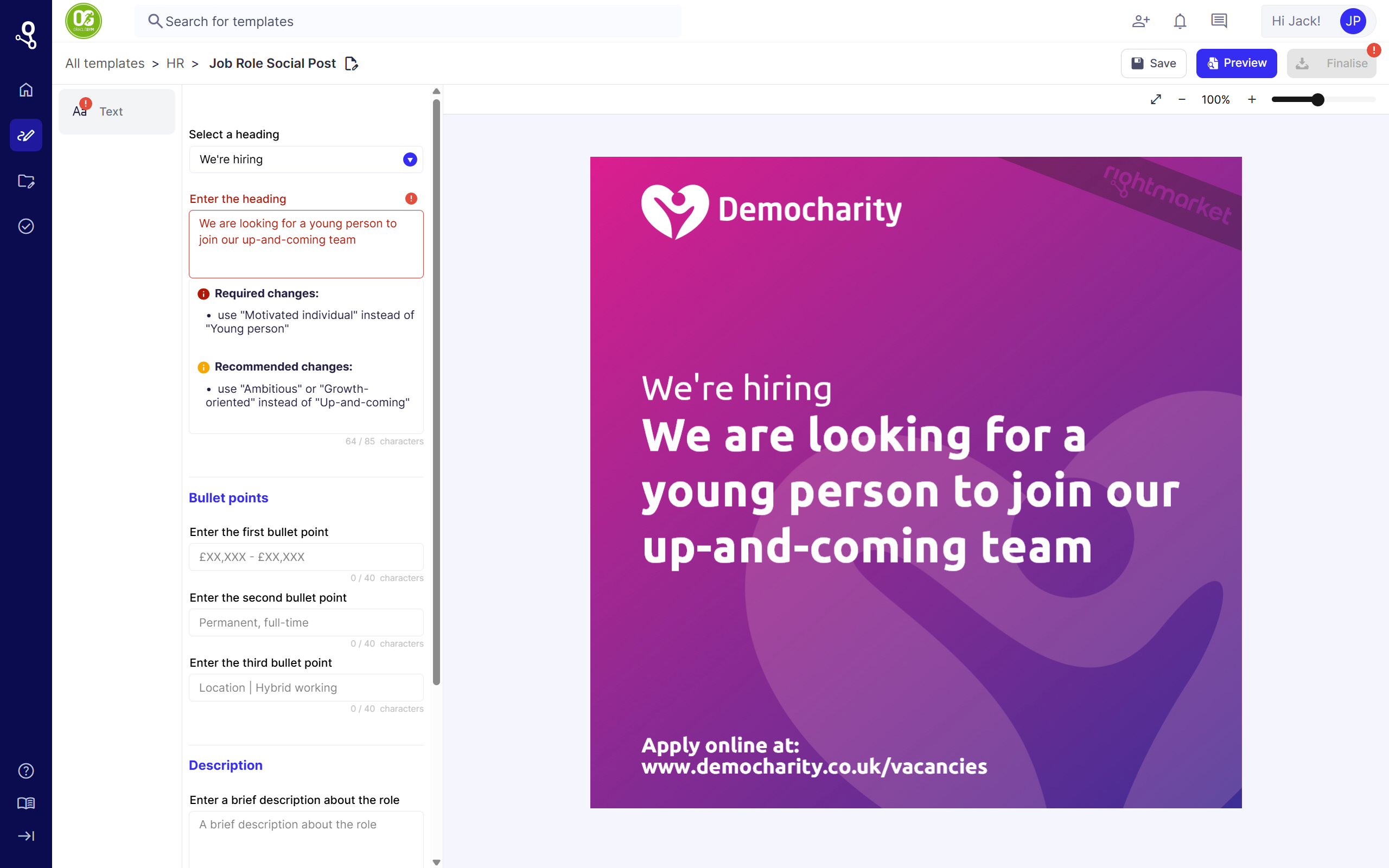 Tone of Voice Assistant inside a RightMarket template editor, flagging the phrase 'young person' with required and recommended changes while a live We're hiring social post previews on the right