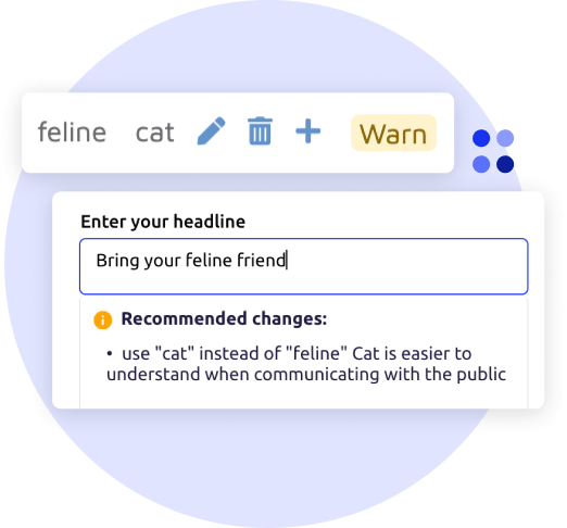 A Tone of Voice Assistant word rule flagging 'feline' with the alternative 'cat' and a Warn badge, above a headline field with the recommended change to use 'cat' instead of 'feline'